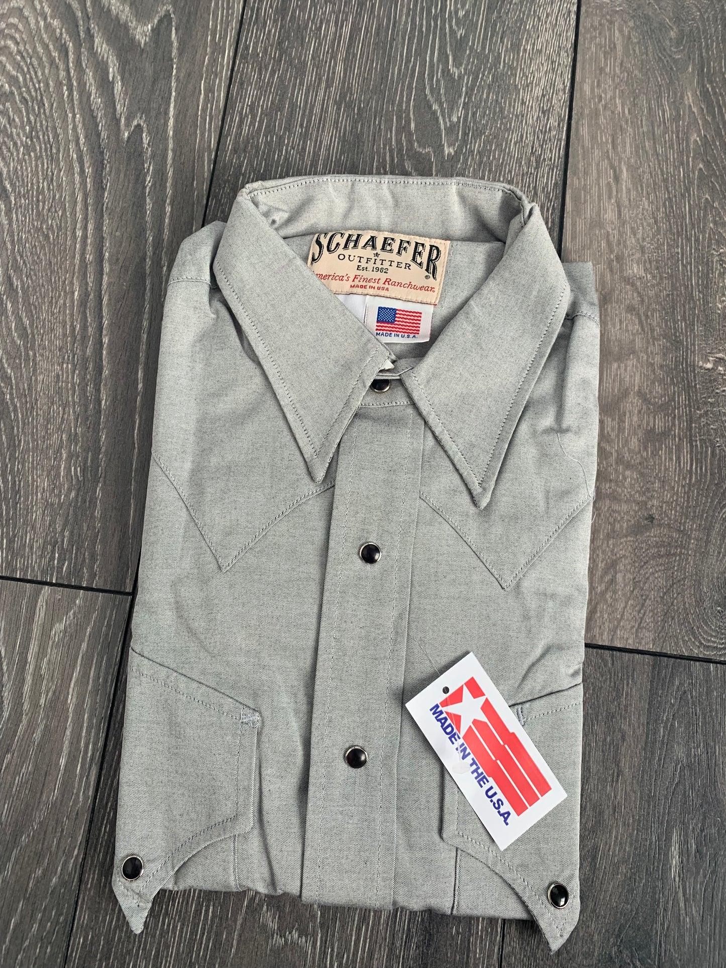 SCHAEFER OUTFITTERS RANCHWEAR GRAPHITE SHIRT MADE IN TEXAS - USA